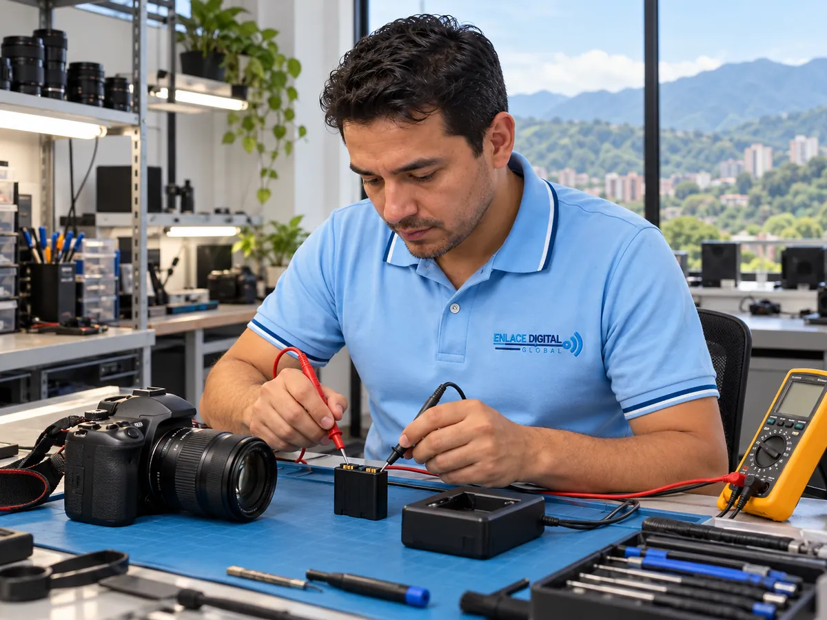 Técnico de Enlace Digital Global revisando una cámara que no enciende