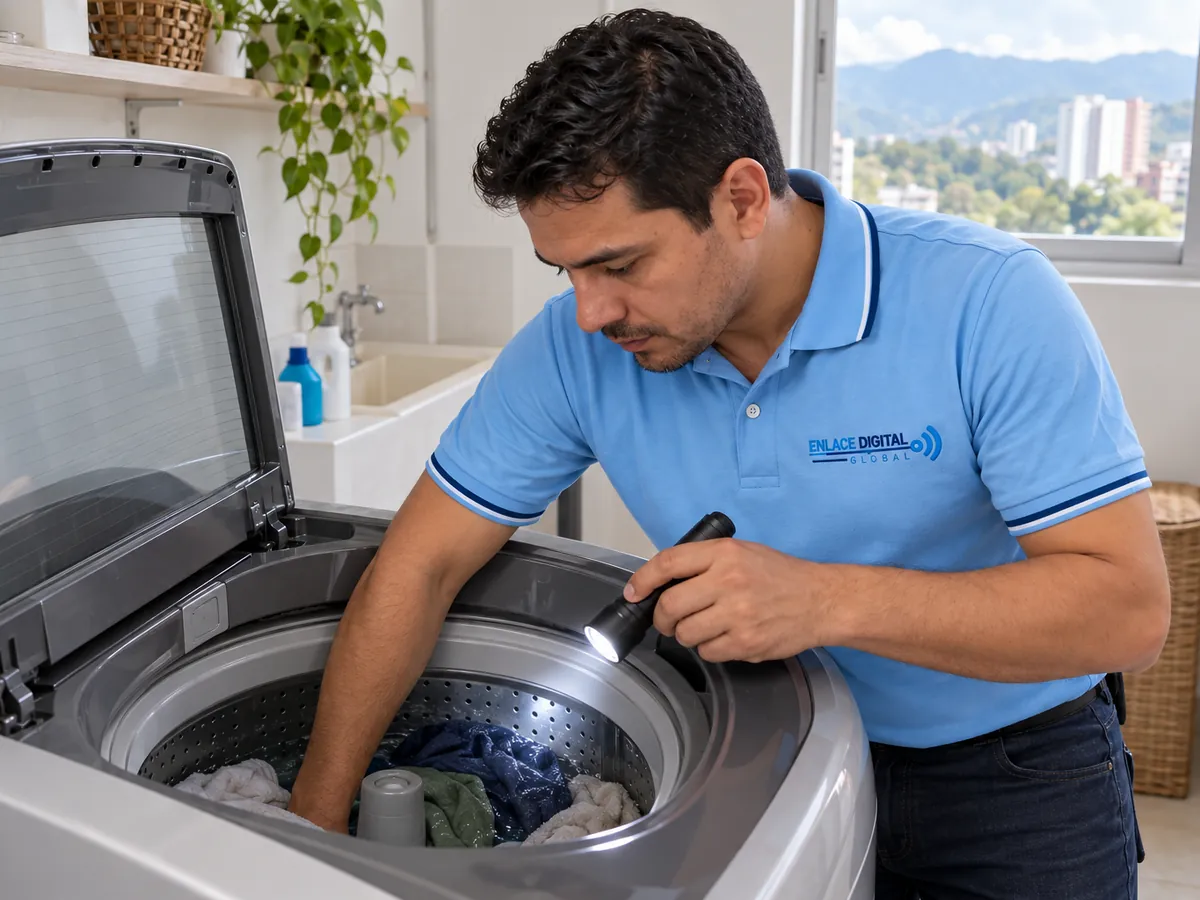 Técnico buscando la fuga de agua en una lavadora de carga superior