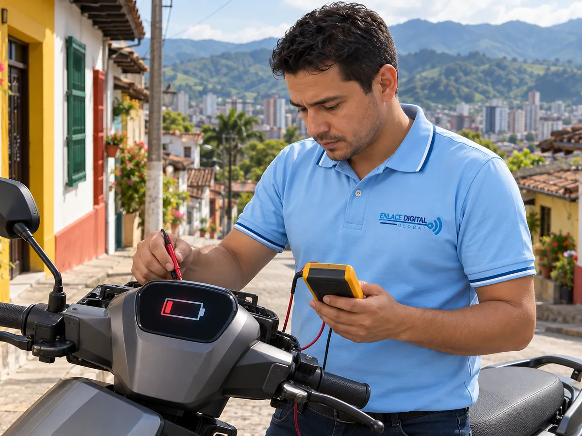 Técnico revisando el display de una moto eléctrica con un código de error