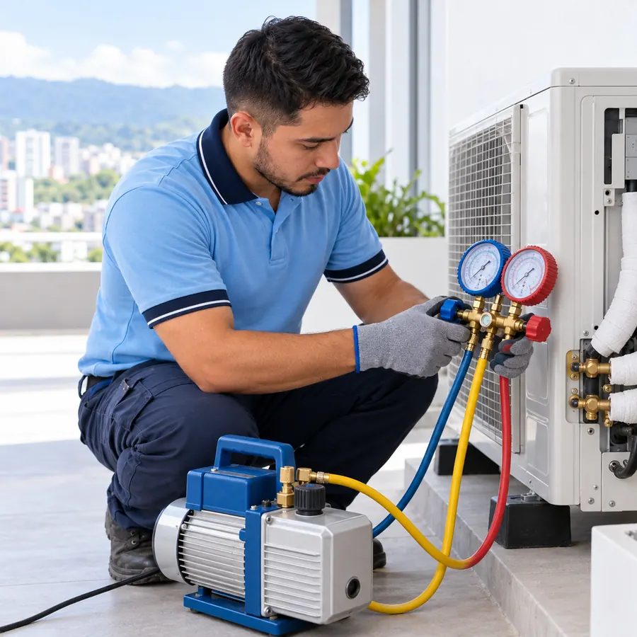 Imagen de referencia: técnico haciendo vacío con manómetros